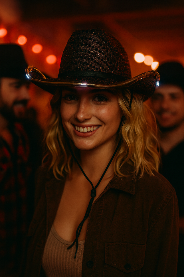 LED Light Up Flashing Brown Cowboy Hat With Sequins