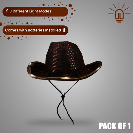 LED Light Up Flashing Brown Cowboy Hat With Sequins
