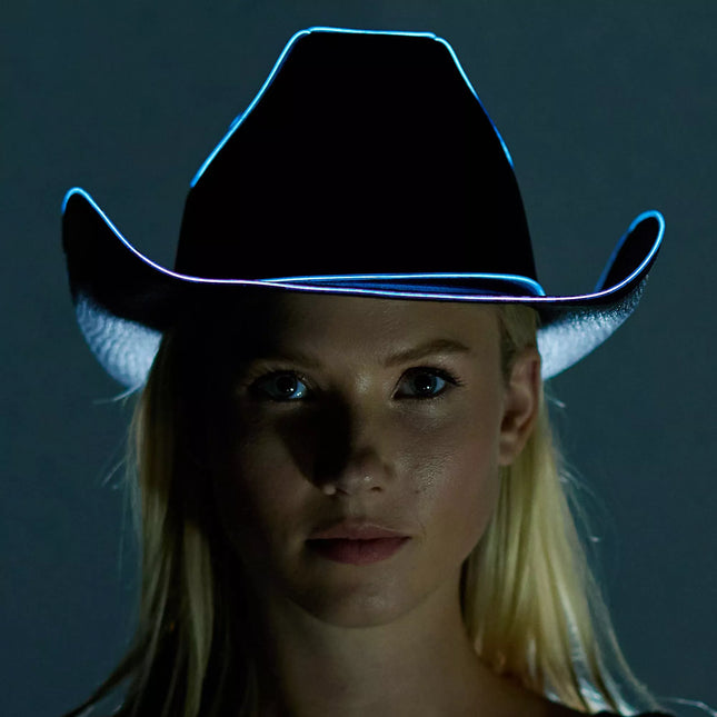 Light Up EL Wire Glow Plain Black Cowboy Hat | PartyGlowz