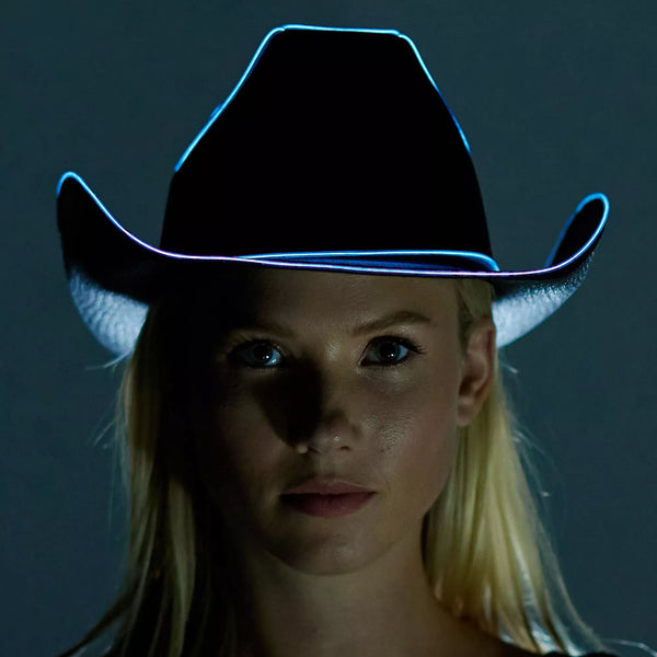 Light Up EL Wire Glow Plain Black Cowboy Hat