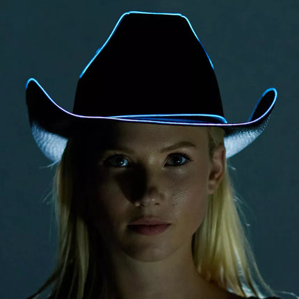 Black EL Wire Light Up Plain Fabric Cowboy Hat - Pack of 2 Hats | PartyGlowz