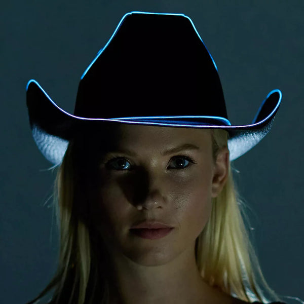 Black EL Wire Light Up Plain Fabric Cowboy Hat - Pack of 2 Hats | PartyGlowz