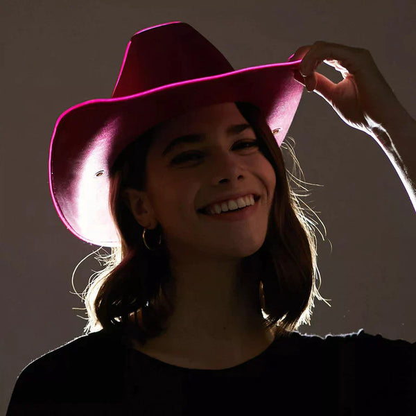Pink EL Wire Light Up Plain Fabric Cowboy Hats - Pack of 3 | PartyGlowz