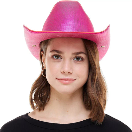 Pink EL Wire Light Up Plain Fabric Cowboy Hat - Pack of 2 Hats | PartyGlowz