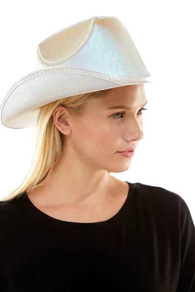 White EL Wire Light Up Plain Fabric Cowboy Hat - Pack of 2 Hats | PartyGlowz