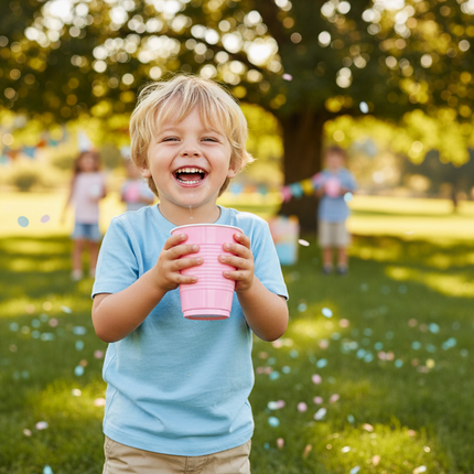 Child holding a pink cup outdoors