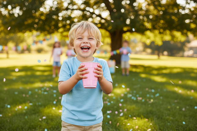 Child holding a pink cup outdoors