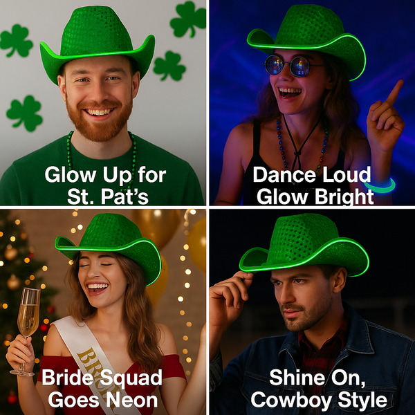 Green LED Flashing EL Wire Glow Sequin Cowboy Party Hat