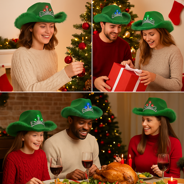 LED Light Up Green Feather Cowboy Hat With Tiara