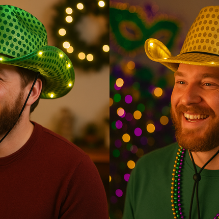 LED Light Up Flashing Sequin Green & Gold Cowboy Hat - Pack of 2 Hats