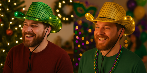 LED Light Up Flashing Sequin Green & Gold Cowboy Hat - Pack of 2 Hats