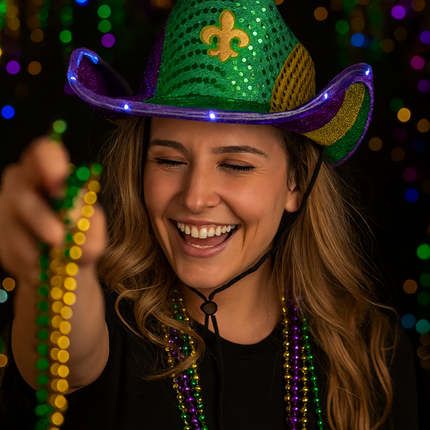 LED Light Up Mardi Gras Sequin Cowboy Hat