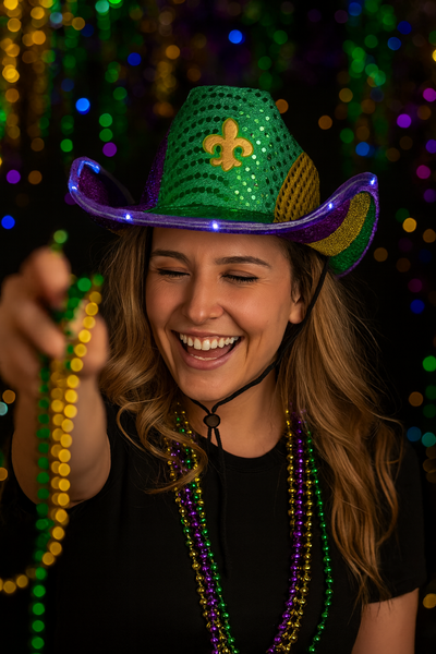 LED Light Up Mardi Gras Sequin Cowboy Hat