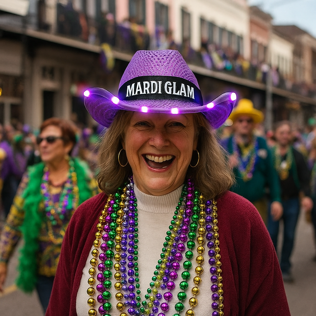 Custom purple light up cowboy hat for mardi gras
