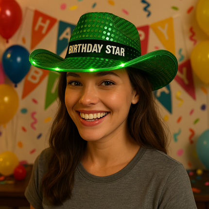 Custom green light up cowboy hat for Birthday party