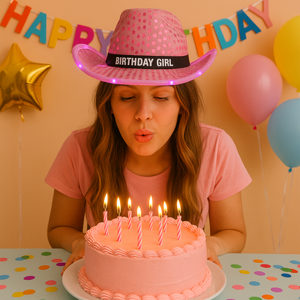 Custom pink light up cowboy hat for birthday party