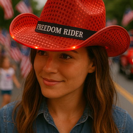 Red cowboy hat with customised text for patriotic events