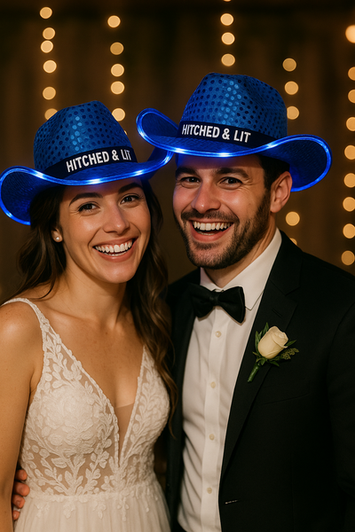Custom blue light up cowboy hat for wedding