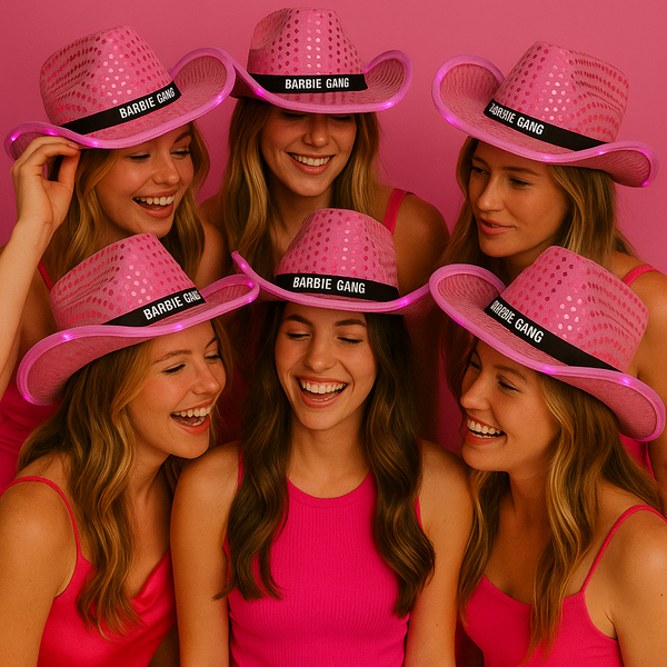 Custom pink light up cowboy hat for barbie theme party