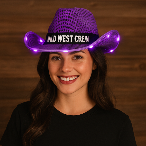 Custom purple light up cowboy hat for Wild West party 