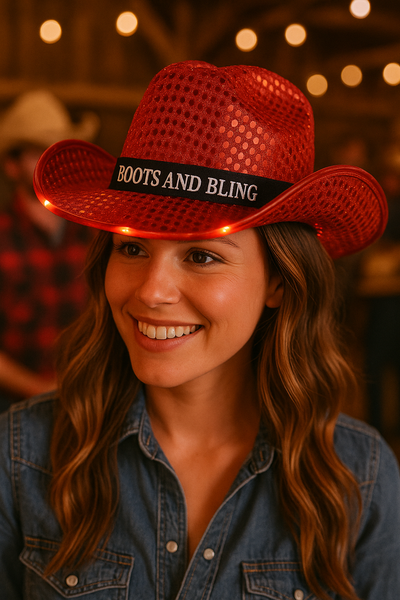Personalized LED Light Up Flashing Red Sequin Cowboy Hat - Pack of 20 Custom Hats