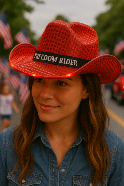Personalized LED Light Up Flashing Red Sequin Cowboy Hat - Pack of 20 Custom Hats