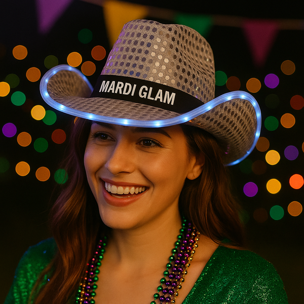 Custom white cowboy hat for Mardi Gras