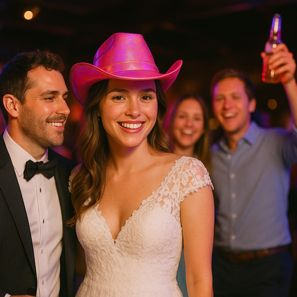 Pink iridescent glitter space cowboy hat for wedding 