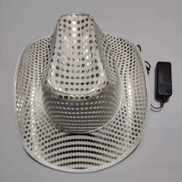 White Sequin LED Flashing Neon El Wire Glow Cowboy Hat | PartyGlowz