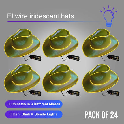 EL WIRE Light Up Gold Iridescent Space Cowboy Hat - Pack of 24 Hats