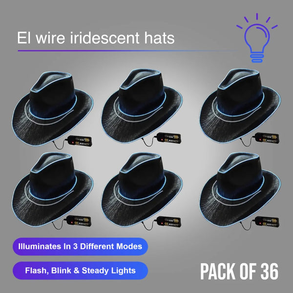 EL WIRE Light Up Iridescent Space Black Cowboy Hat - Pack of 36 Hats