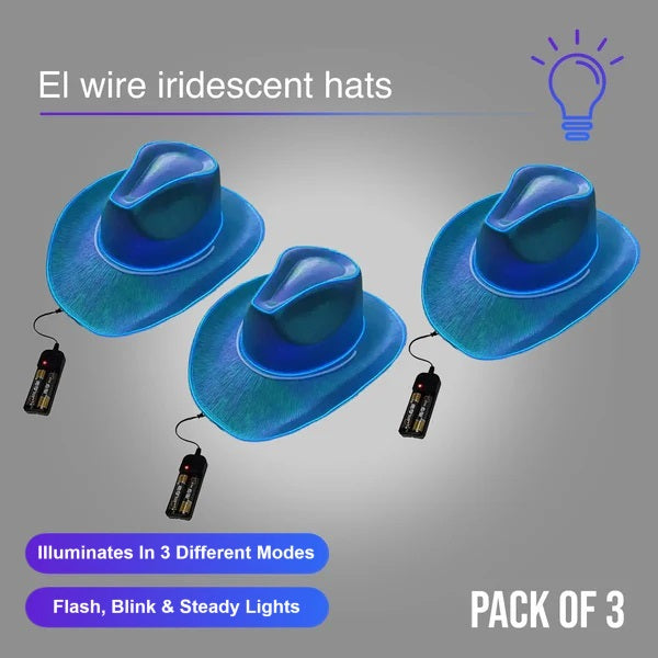EL WIRE Light Up Iridescent Space Blue Cowboy Hat - Pack of 3 Hats