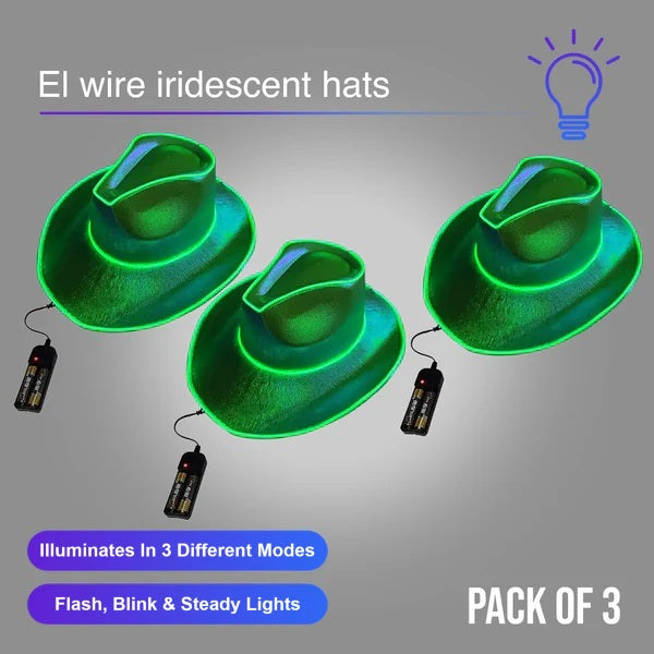EL WIRE Light Up Iridescent Space Green Cowboy Hat - Pack of 3 Hats