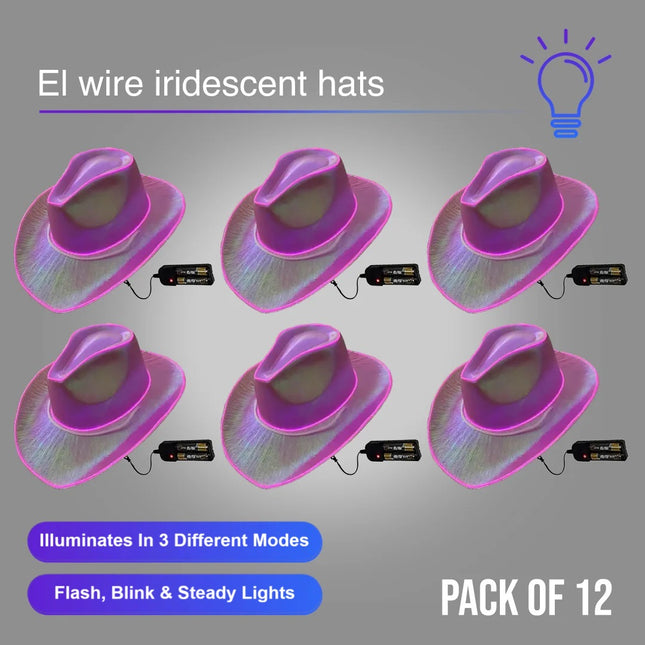 EL WIRE Light Up Iridescent Space Pink Cowboy Hat - Pack of 12 Hats