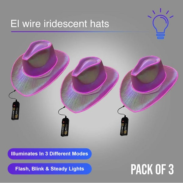 EL WIRE Light Up Iridescent Space Pink Cowboy Hat - Pack of 3 Hats