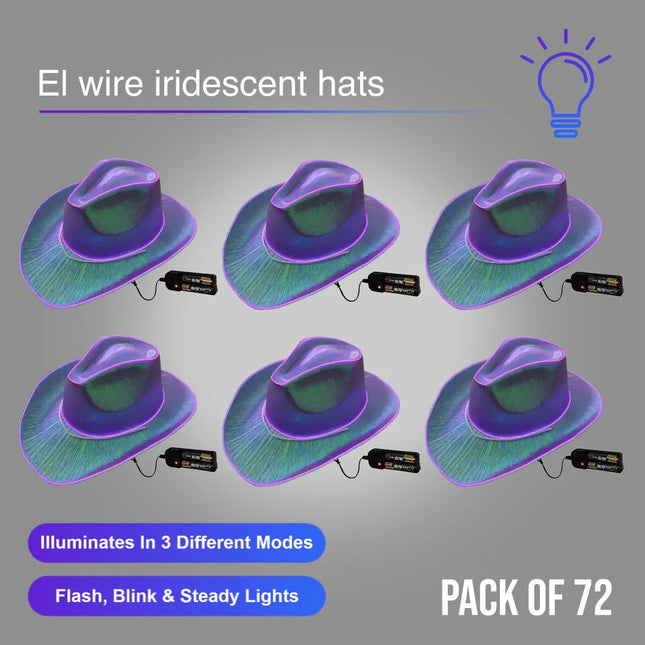 EL WIRE Light Up Iridescent Space Purple Cowboy Hat - Pack of 72 Hats