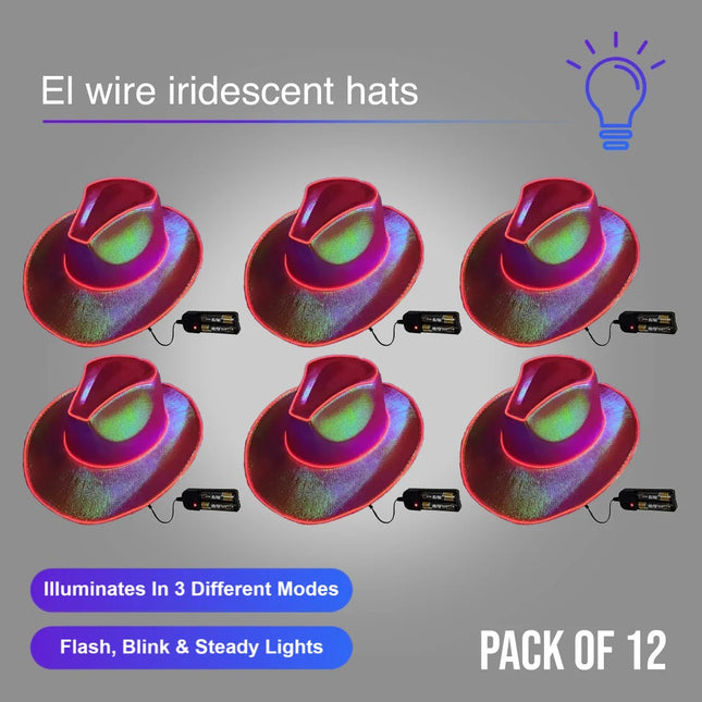 EL WIRE Light Up Iridescent Space Red Cowboy Hat - Pack of 12 Hats