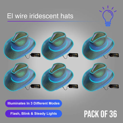 EL WIRE Light Up Iridescent Space White Cowboy Hat - Pack of 36 Hats