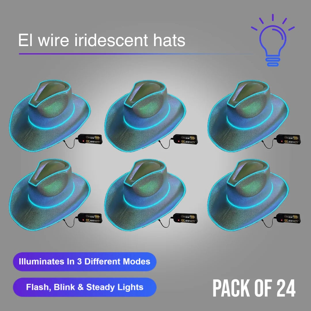 EL WIRE Light Up White Iridescent Space Cowboy Hat - Pack of 24 Hats