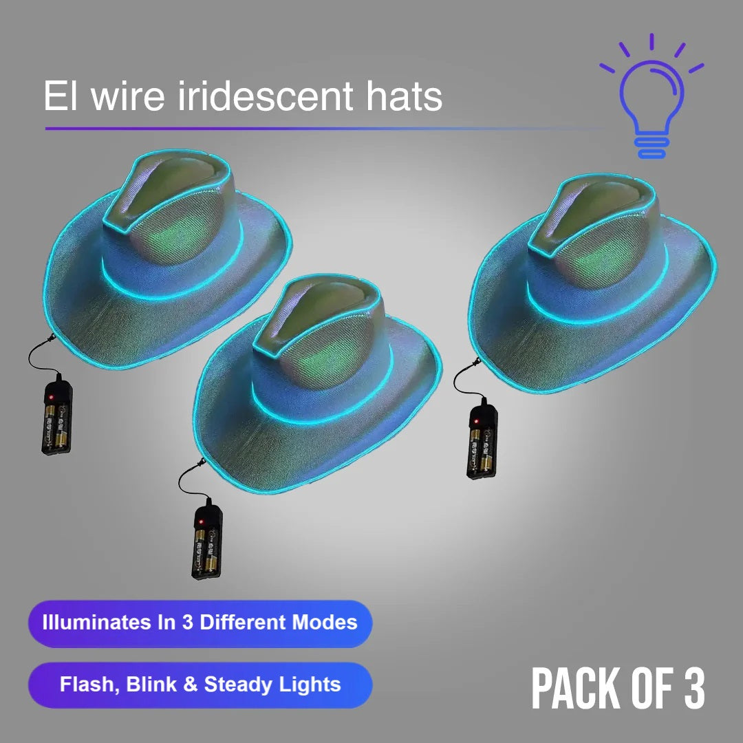 EL Wire Light Up Iridescent Space White Cowboy Hat - Pack of 3 Hats