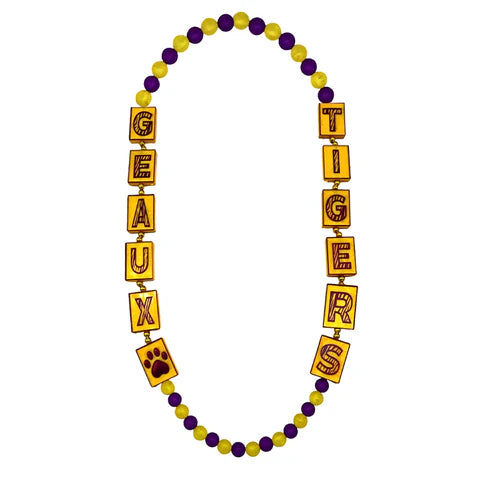 Geaux Tigers Tile Necklace With 12mm & 6mm Purple and Gold Matte Beads