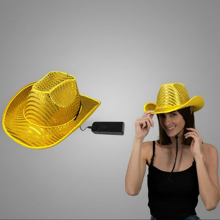 Gold LED Flashing EL Wire Glow Sequin Cowboy Hat | PartyGlowz