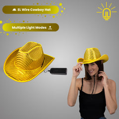 Gold LED Flashing EL Wire Glow Sequin Cowboy Party Hat