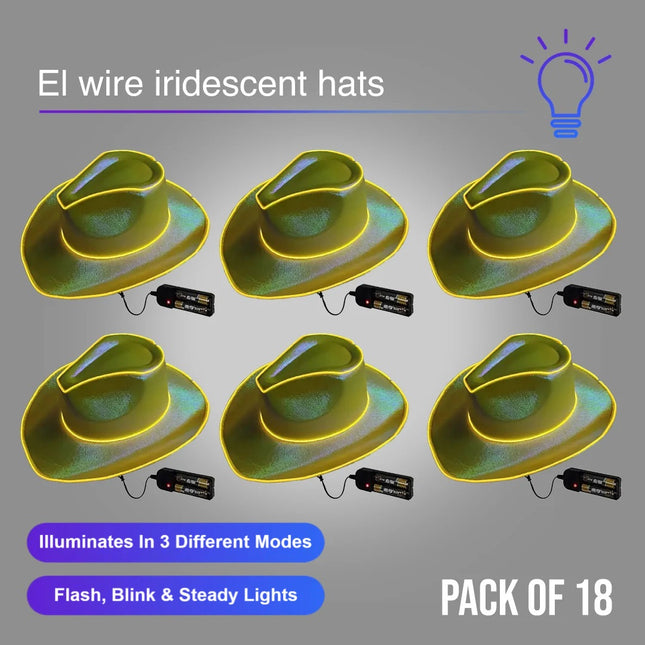 Gold EL WIRE Light Up Iridescent Space Cowboy Hat - Pack of 18 Hats