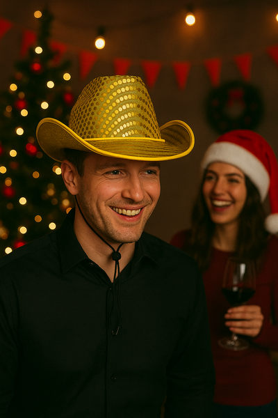 Gold LED Flashing EL Wire Glow Sequin Cowboy Party Hat