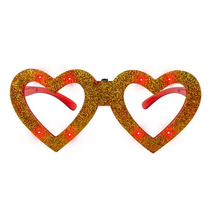 Gold Heart LED Light Up Flashing Glitter Glasses