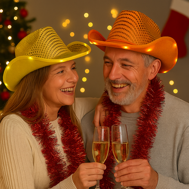 LED Light Up Flashing Sequin Orange & Gold Cowboy Hat - Pack of 2 Hats