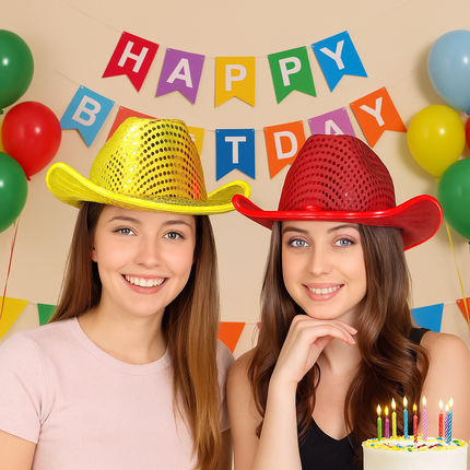 LED Light Up Flashing Sequin Red & Gold Cowboy Hat - Pack of 2 Hats