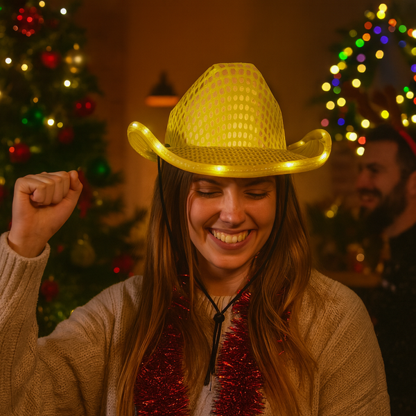 LED Light Up Flashing Gold Cowboy Hat With Sequins