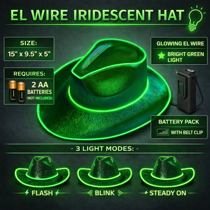 EL WIRE Light Up Iridescent Space Green Cowboy Hat